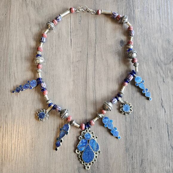 Vintage Lapis Lazuli & Silver Tibetan Tribal Beaded Necklace
